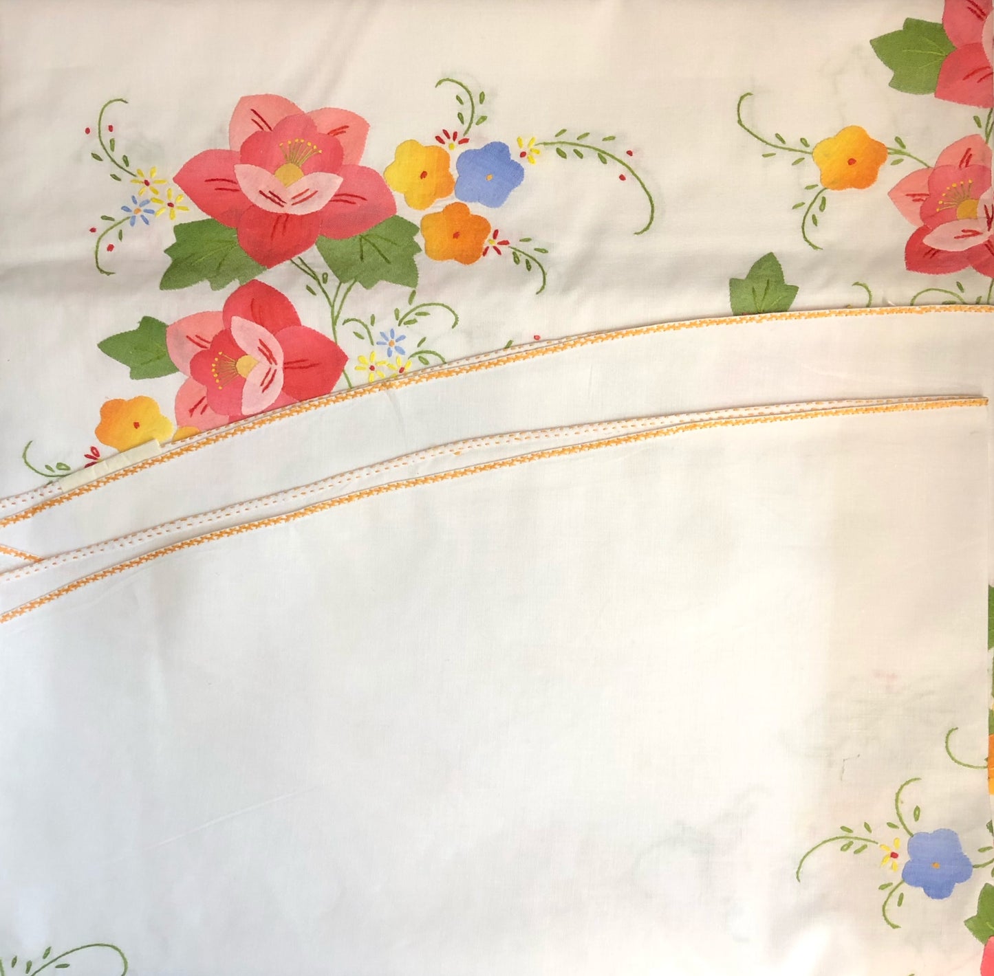 Pink and Orange Flowers Hand-Appliqued Easy Care Tablecloth Set