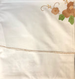 White Fabric Brown Flowers Hand-Appliqued Easy Care Tablecloth Set