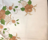 White Fabric Brown Flowers Hand-Appliqued Easy Care Tablecloth Set