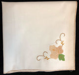 White Fabric Brown Flowers Hand-Appliqued Easy Care Tablecloth Set