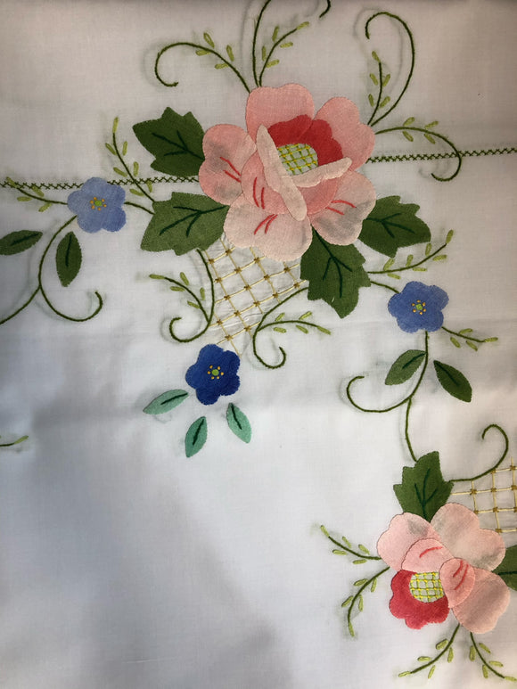 Pink and Blue Flowers Hand-Appliqued Easy Care Tablecloth Set