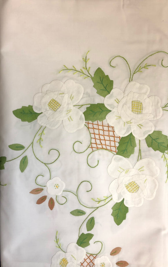White Fabric White Flowers Hand-Appliqued Easy Care Tablecloth Set