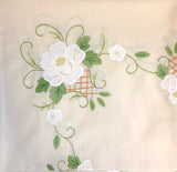 Beige Fabric White Flowers Hand-Appliqued Easy Care Tablecloth Set