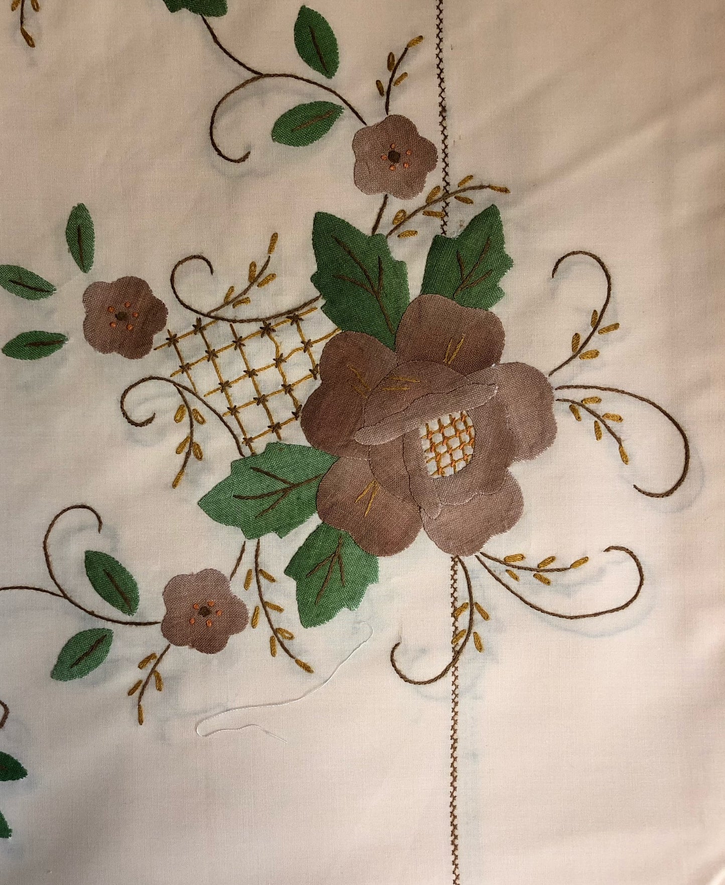 Beige Fabric Brown Flowers Hand-Appliqued Easy Care Tablecloth Set