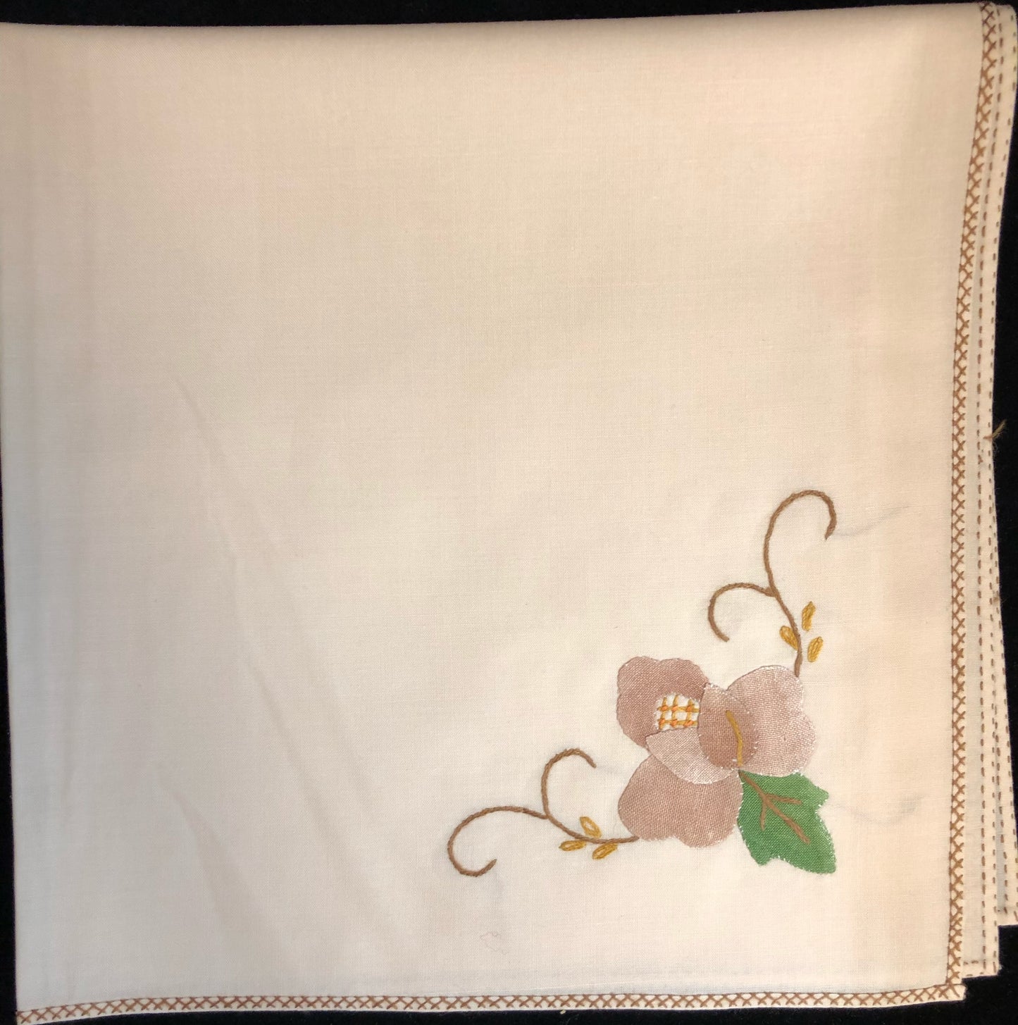 Beige Fabric Brown Flowers Hand-Appliqued Easy Care Tablecloth Set