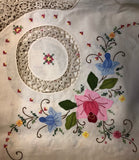 Pink and Blue Flowers Hand-Appliqued Handmade Lace Tablecloth Set